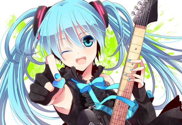 Anime picture 2000x1375 with vocaloid hatsune miku lira highres open mouth twintails very long hair one eye closed aqua eyes wink aqua hair girl dress fingerless gloves guitar
