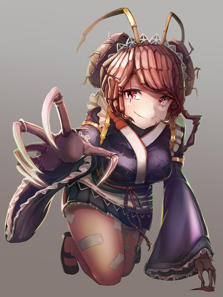 Anime picture 900x1200 with overlord (maruyama) madhouse entoma vasilissa zeta btraphen single tall image looking at viewer blush short hair breasts simple background smile red eyes blurry grey background wide sleeves maid depth of field outstretched arm on all fours