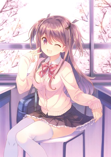 Anime picture 2489x3500 with original takei ooki single long hair tall image highres open mouth brown hair brown eyes one eye closed wink scan official art girl thighhighs skirt uniform school uniform miniskirt white thighhighs