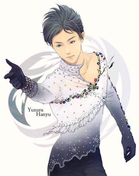Anime picture 930x1180 with real life hanyu yuzuru raitichi (artist) single tall image short hair simple background white background grey hair grey eyes outstretched arm figure skating boy gloves black gloves frills bodysuit crystal