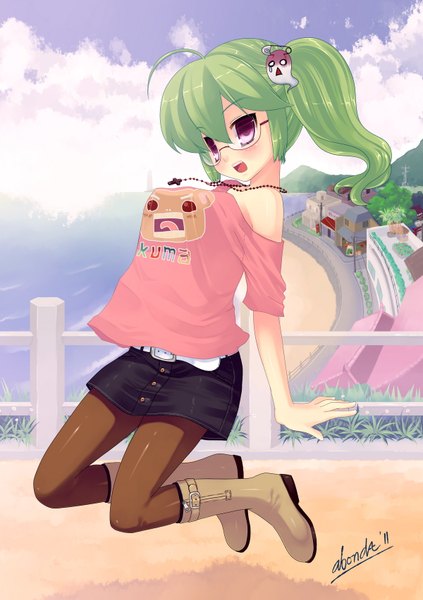 Anime picture 1200x1703 with original abondz single tall image short hair open mouth pink eyes green hair girl skirt miniskirt glasses