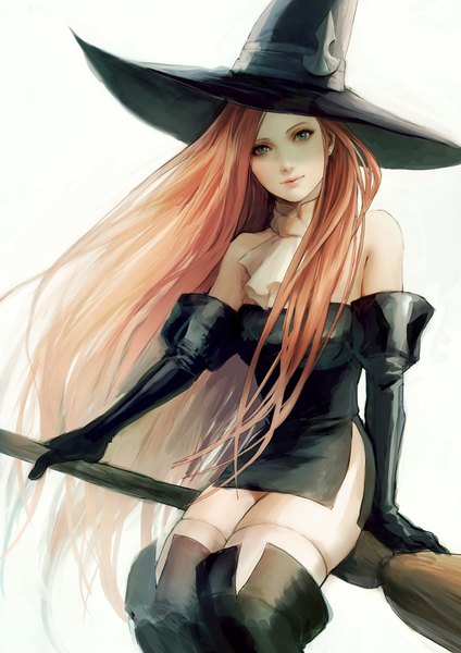 Anime picture 707x1000 with tactics ogre witch (tactics ogre) toraji (pixiv) single long hair tall image looking at viewer simple background white background sitting green eyes orange hair witch girl dress gloves black gloves elbow gloves thigh boots short dress