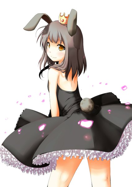 Anime picture 1075x1518 with shima (sh1mamu) tall image short hair black hair simple background smile white background yellow eyes looking back bunny ears bunny girl bunny tail girl dress crown