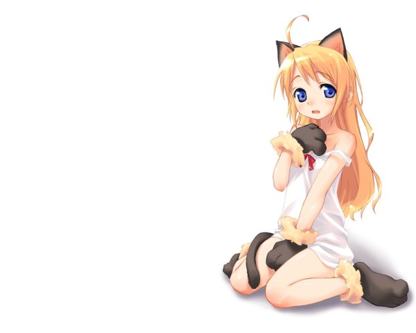 Anime picture 1280x1024 with original mizuki kotora long hair blush fringe open mouth blue eyes blonde hair white background animal ears looking away tail animal tail off shoulder cat girl cat tail loli soft beauty girl bow