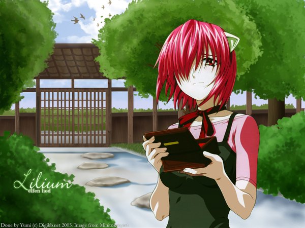 Anime picture 1280x960 with elfen lied arms corporation lucy lynn okamoto (artist) yumi-chan single fringe short hair red eyes animal ears red hair hair over one eye inscription third-party edit girl plant (plants) animal tree (trees) bowtie bird (birds)