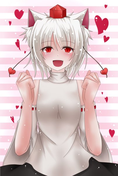 Anime picture 1181x1748 with touhou inubashiri momiji shimeji hachi (artist) single tall image looking at viewer blush short hair open mouth red eyes bare shoulders animal ears white hair teeth fang (fangs) wolf ears striped background girl detached sleeves heart