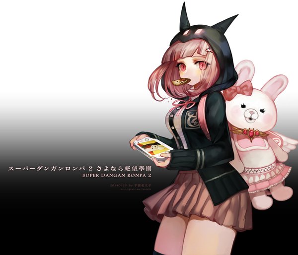 Anime picture 1750x1500 with dangan ronpa super dangan ronpa 2 nanami chiaki monomi fantchi long hair looking at viewer blush fringe highres breasts large breasts standing animal ears pink hair pleated skirt pink eyes pointy ears open clothes open jacket