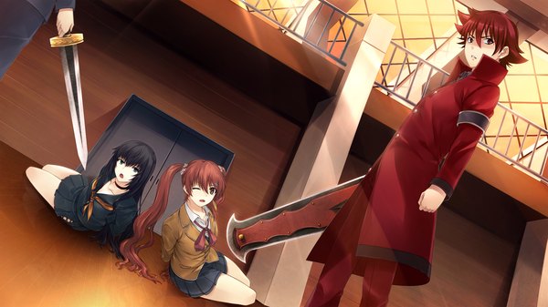 Anime picture 2048x1152 with tokyo babel long hair highres short hair open mouth black hair red eyes wide image twintails multiple girls game cg red hair one eye closed wink girl boy skirt weapon 2 girls miniskirt