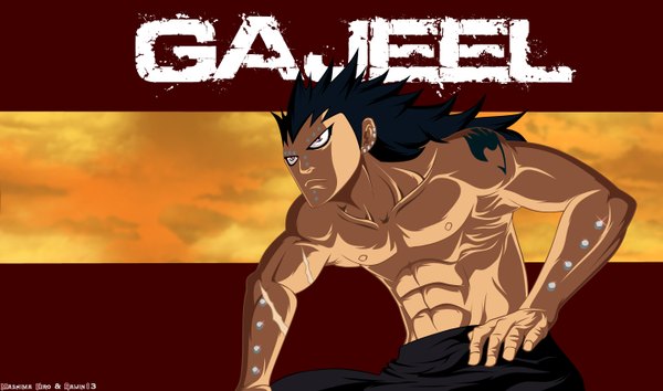 Anime picture 1440x850 with fairy tail gajeel redfox raijin13 single long hair black hair simple background red eyes wide image inscription tattoo piercing coloring scar muscle boy