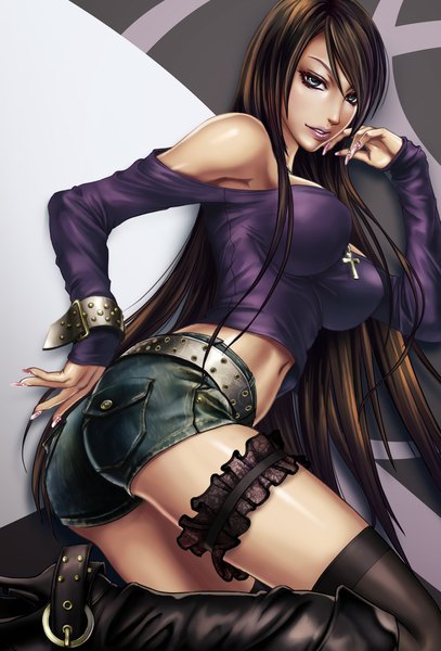 Anime picture 679x1000 with original sadakage single long hair tall image blue eyes light erotic brown hair bare shoulders girl thighhighs navel black thighhighs shorts boots belt cross