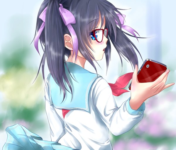 Anime picture 1230x1050 with original hajimetomikan single long hair blush blue eyes black hair twintails looking back from behind turning head girl skirt uniform ribbon (ribbons) hair ribbon miniskirt glasses serafuku mobile phone