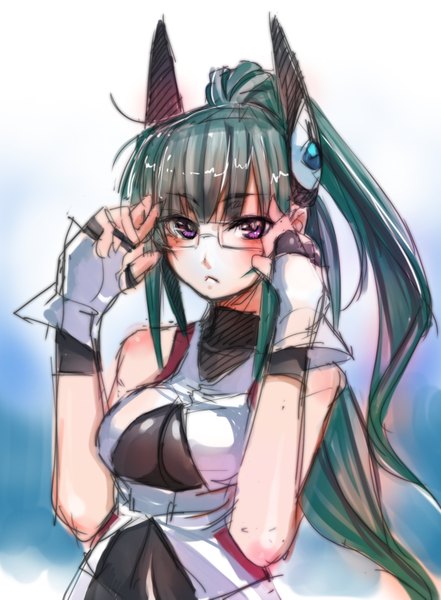 Anime picture 1200x1633 with original menou kaname taishi (picchiridou) single long hair tall image blush breasts large breasts purple eyes ponytail green hair sketch girl gloves glasses fingerless gloves