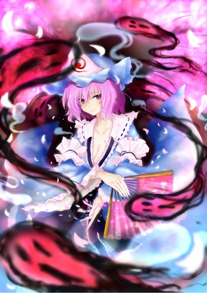 Anime picture 1447x2047 with touhou saigyouji yuyuko single tall image short hair smile red eyes pink hair magic girl dress petals bonnet fan