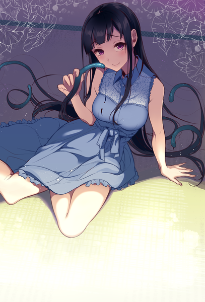 Anime picture 737x1086 with ane naru mono original chiyo (ane naru mono) pochi (pochi-goya) single long hair tall image fringe breasts black hair smile sitting purple eyes bare shoulders bent knee (knees) blunt bangs head tilt from above mole arm support