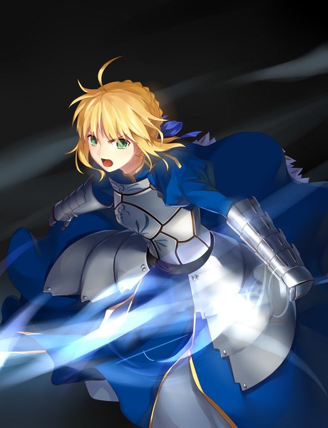 Anime picture 1241x1619 with fate (series) fate/stay night studio deen type-moon artoria pendragon (all) saber lightofheaven single tall image short hair open mouth blonde hair green eyes girl dress weapon sword armor gun excalibur