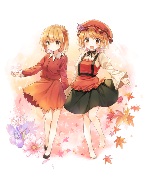 Anime picture 835x1000 with touhou aki minoriko aki shizuha shnva tall image looking at viewer blush short hair breasts open mouth blonde hair multiple girls brown eyes looking away bent knee (knees) barefoot wide sleeves bare legs puffy sleeves legs