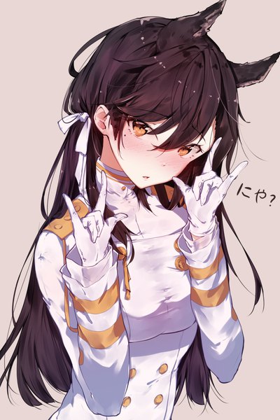 Anime picture 720x1080 with azur lane atago (azur lane) hplay (kyoshinou) single long hair tall image looking at viewer blush fringe black hair simple background hair between eyes brown eyes animal ears upper body grey background mole embarrassed mole under eye extra ears