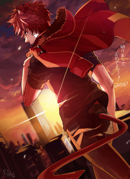 Anime picture 1000x1376 with ahoguu single tall image short hair red eyes animal ears red hair tail animal tail looking back from behind cat ears cat tail boy jacket clothes