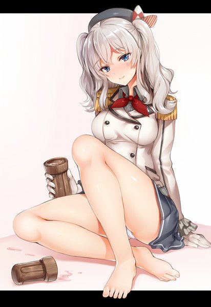 Anime picture 688x1000 with kantai collection kashima training cruiser arudehido single long hair tall image looking at viewer blush blue eyes light erotic simple background smile white background twintails bent knee (knees) white hair pleated skirt barefoot pantyshot pantyshot sitting