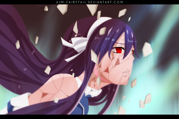Anime picture 1939x1296 with fairy tail ultear milkovich ajm-fairytail single long hair fringe highres hair between eyes red eyes bare shoulders signed purple hair coloring letterboxed falling destruction girl ribbon (ribbons) hair ribbon debris