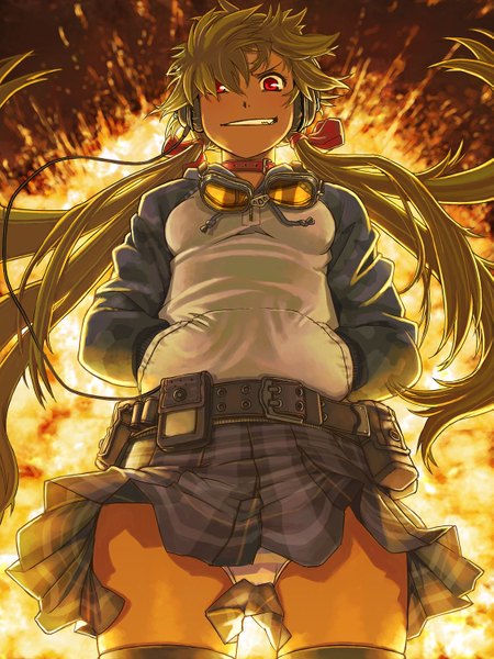 Anime picture 1125x1500 with original itou (onsoku tassha) single long hair tall image blonde hair smile red eyes twintails crazy smile girl skirt miniskirt glasses belt headphones collar fire goggles