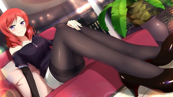 Anime picture 1920x1080 with love live! school idol project sunrise (studio) love live! nishikino maki xiao ren single looking at viewer blush highres short hair light erotic smile wide image purple eyes red hair legs girl skirt miniskirt pantyhose