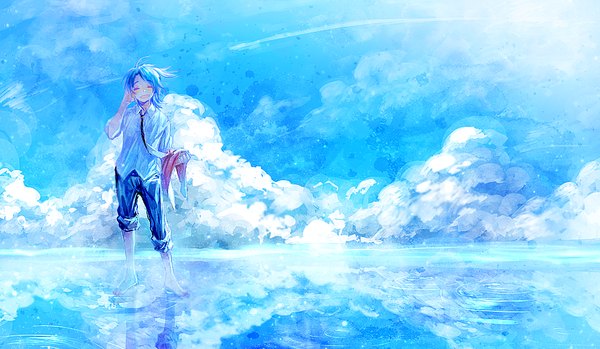 Anime picture 1000x583 with original mint5464 single short hair open mouth smile wide image standing blue hair sky cloud (clouds) eyes closed barefoot reflection horizon boy shirt necktie white shirt pants