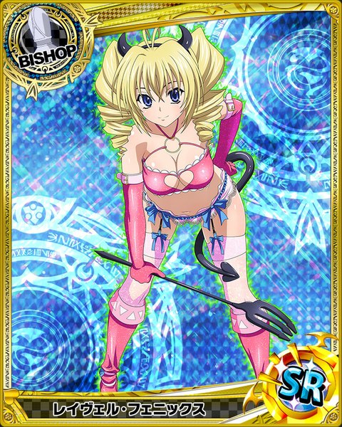Anime picture 640x800 with highschool dxd ravel phenex single long hair tall image looking at viewer breasts blue eyes light erotic blonde hair twintails cleavage tail horn (horns) drill hair card (medium) girl thighhighs gloves white thighhighs
