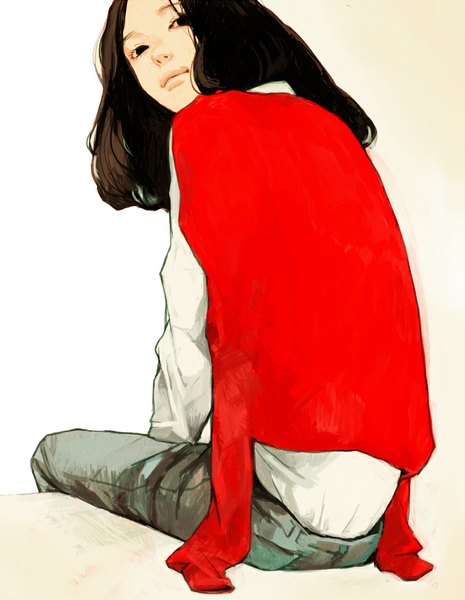Anime picture 874x1127 with original tae (artist) single tall image short hair simple background brown hair white background sitting looking back black eyes realistic clothes on shoulders girl sweater jeans