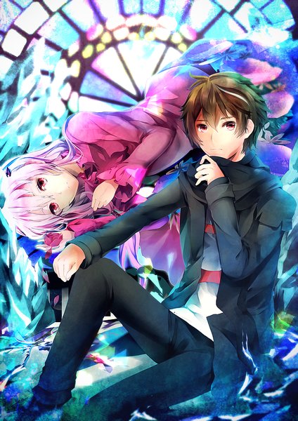 Anime picture 600x848 with guilty crown production i.g yuzuriha inori ouma shu lulu season long hair tall image fringe short hair hair between eyes red eyes brown hair pink hair girl boy flower (flowers) petals scarf pants cloak