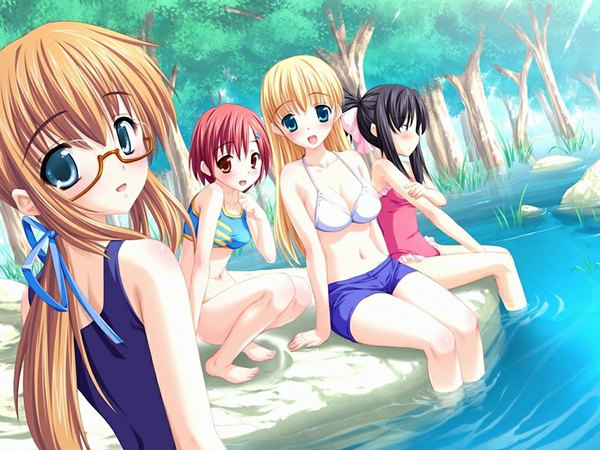 Anime picture 1024x768 with blaze angel eleanor (game) long hair short hair blue eyes black hair blonde hair red eyes brown hair multiple girls game cg red hair girl swimsuit 4 girls