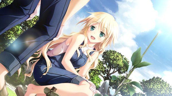 Anime picture 1280x720 with chrono clock dorothy davenport koku long hair open mouth blue eyes blonde hair wide image game cg girl plant (plants) overalls