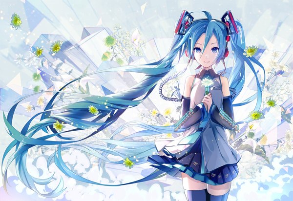 Anime picture 1048x720 with vocaloid hatsune miku hatsune miku (vocaloid3) ixima single looking at viewer blue eyes smile twintails blue hair very long hair zettai ryouiki girl thighhighs skirt flower (flowers) headphones