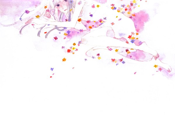 Anime picture 1283x851 with original ena yume single long hair white background white hair lying barefoot black eyes wallpaper traditional media watercolor (medium) girl flower (flowers) sundress