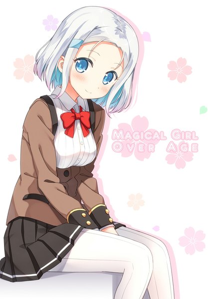 Anime picture 800x1119 with mahou shoujo over age itou mashiro hyuuga azuri single tall image looking at viewer blush short hair blue eyes smile sitting blue hair girl uniform hair ornament ribbon (ribbons) school uniform pantyhose hairclip