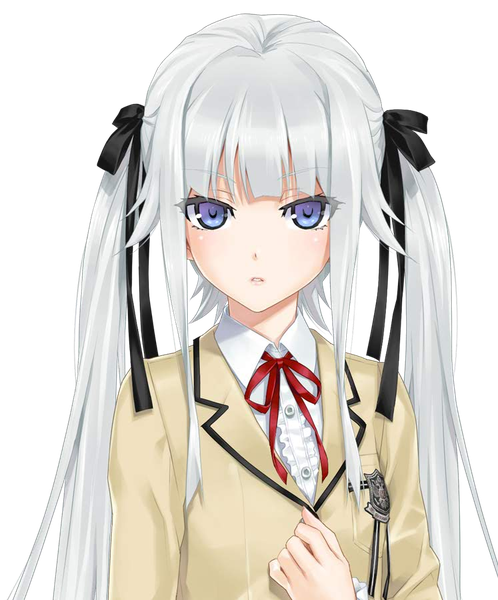 Anime picture 747x900 with bishoujo mangekyou (game) omega star kagarino kirie happoubi jin single long hair tall image looking at viewer blush breasts open mouth blue eyes twintails silver hair hand on chest portrait flat chest transparent background pale skin vampire