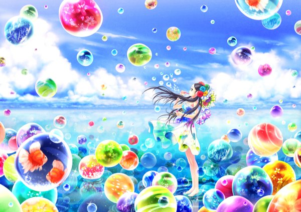 Anime picture 1280x905 with original rymerge single standing bare shoulders sky cloud (clouds) profile barefoot hair flower bare legs girl dress hair ornament flower (flowers) bubble (bubbles) fish (fishes)