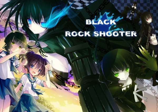 Anime picture 1023x723 with black rock shooter black rock shooter (character) dead master strength (black rock shooter) black gold saw kuroi mato takanashi yomi yayin (yayin233) long hair blush short hair open mouth blue eyes black hair smile red eyes twintails multiple girls green eyes sky