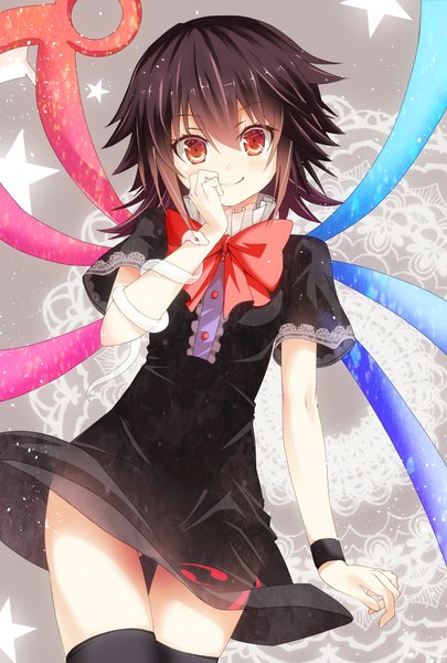Anime picture 1378x2039 with touhou houjuu nue mikoma sanagi tall image looking at viewer blush short hair smile brown hair brown eyes asymmetrical wings girl thighhighs dress bow black thighhighs animal wings black dress snake