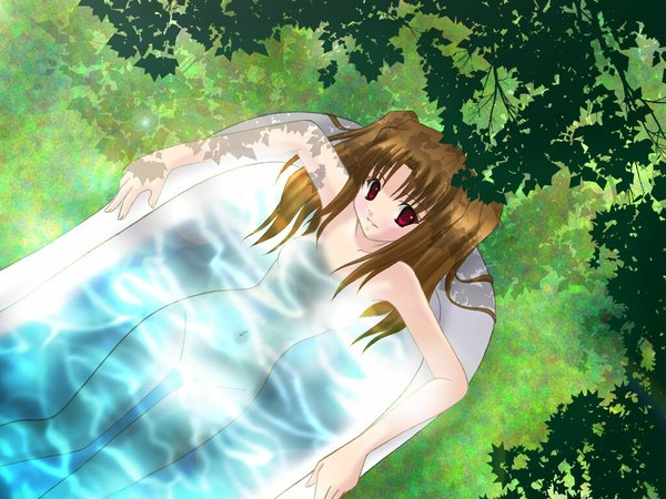 Anime picture 1024x768 with shingetsutan tsukihime type-moon yumizuka satsuki light erotic outdoors nude nature plant (plants) tree (trees) grass forest bath