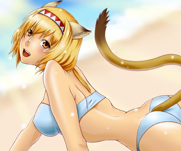Anime picture 1200x1000 with youkou (artist) single short hair open mouth light erotic blonde hair animal ears animal tail orange eyes girl swimsuit