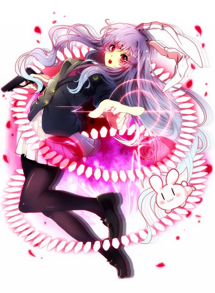 Anime picture 1100x1500 with touhou reisen udongein inaba kotonoman single tall image looking at viewer blush open mouth red eyes white background animal ears purple hair very long hair bunny ears outstretched arm pointing danmaku girl weapon animal