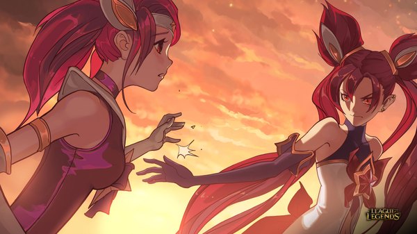 Anime picture 1920x1080 with league of legends jinx (league of legends) lux (league of legends) star guardian lux star guardian jinx blush fringe highres breasts red eyes wide image twintails bare shoulders multiple girls sky cloud (clouds) red hair very long hair parted lips profile