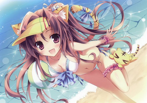 Anime picture 3070x2164 with original karory single long hair looking at viewer blush highres open mouth light erotic brown hair animal ears absurdres tail animal tail pink eyes cat ears scan cat girl cat tail beach