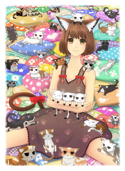 Anime picture 1314x1800 with original bounin single tall image short hair smile brown hair sitting animal ears yellow eyes cat ears cat tail girl bow cat sundress