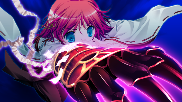 Anime picture 2560x1440 with shinigami no testament takamiya ayumu makita maki highres short hair blue eyes wide image game cg red hair miko girl hair ornament ofuda