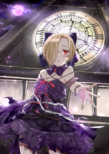 Anime picture 1462x2065 with idolmaster idolmaster cinderella girls shirasaka koume nanakagura single tall image looking at viewer blush fringe short hair blonde hair red eyes standing bare shoulders cloud (clouds) upper body nail polish parted lips fingernails hair over one eye