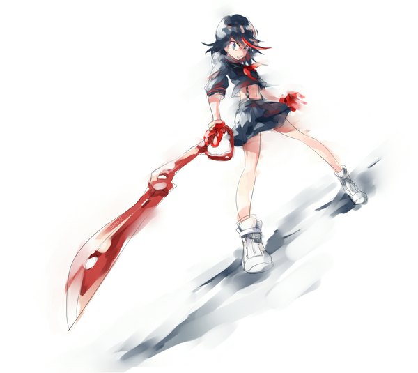 Anime picture 1100x982 with kill la kill studio trigger matoi ryuuko senketsu lumi single short hair blue eyes black hair simple background white background multicolored hair two-tone hair midriff dutch angle streaked hair fighting stance sketch girl uniform