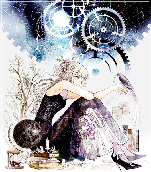 Anime picture 1000x1138 with original gomosawa long hair tall image fringe smile sitting bare shoulders looking away bent knee (knees) braid (braids) profile pink eyes hair flower grey hair high heels sleeveless outstretched arm sitting on person bird on hand