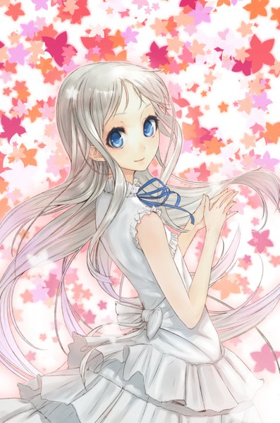 Anime picture 1057x1597 with ano hi mita hana no namae wo bokutachi wa mada shiranai a-1 pictures honma meiko mins (minevi) single long hair tall image looking at viewer blush blue eyes grey hair fingers together girl dress flower (flowers) bow white dress